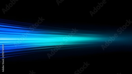 Blue light streaks radiate horizontally across a black background creating a sense of speed and motion