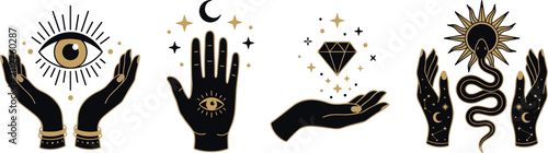 Bild auf Leinwand Mystical Celestial Witchcraft Hands Vector Set Featuring All Seeing Eye Palmistr