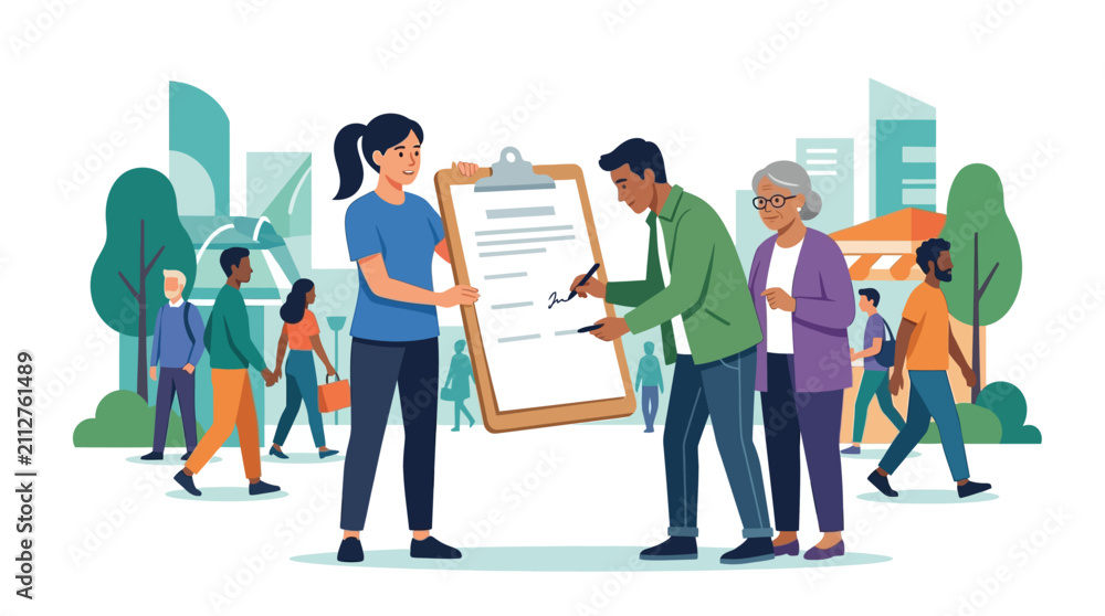 Obraz premium Diverse residents signing a large petition document on a clipboard in city park flat vector illustration