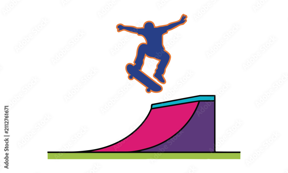 Fototapeta premium Dynamic silhouette of a person performing a kickflip on a curved ramp with bold flat colors isolated on white. Extreme sports lifestyle concept