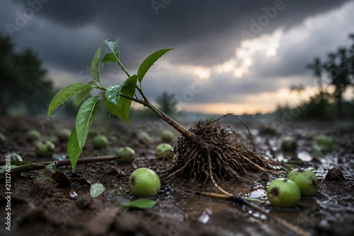 Young seedling uprooted by storm with unripe fruit on soil.