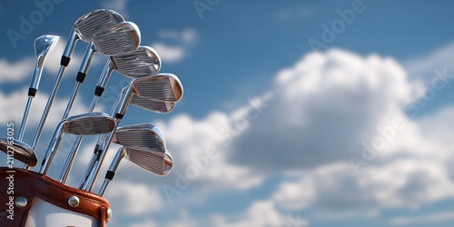 Golf clubs standing upright in a leather bag against a blue sky with white clouds.