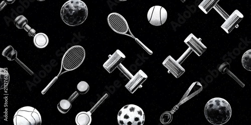 Seamless monochrome background featuring various sports equipment scattered across a dark space