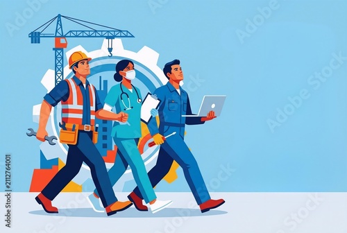 Premium vector illustration of a professional hard hat and industrial tools with clean copy space for Labor Day concept.