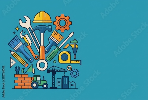 Modern vector illustration for Labor Day featuring industrial tools and a hardhat on a solid background with functional copy space.