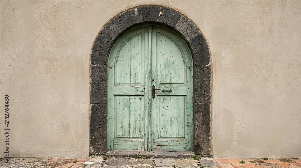 Fototapeta premium Vintage Green Door Set Against Light Stucco Wall in Pastoral Scene