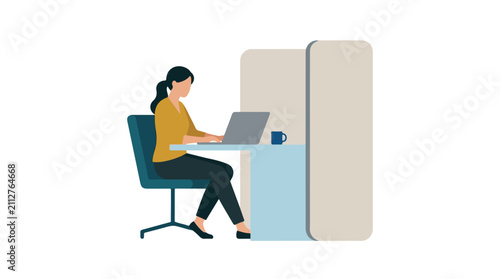 A vector illustration of a woman with dark hair tied back sitting at a desk and working on a laptop in a modern office cubicle setting.