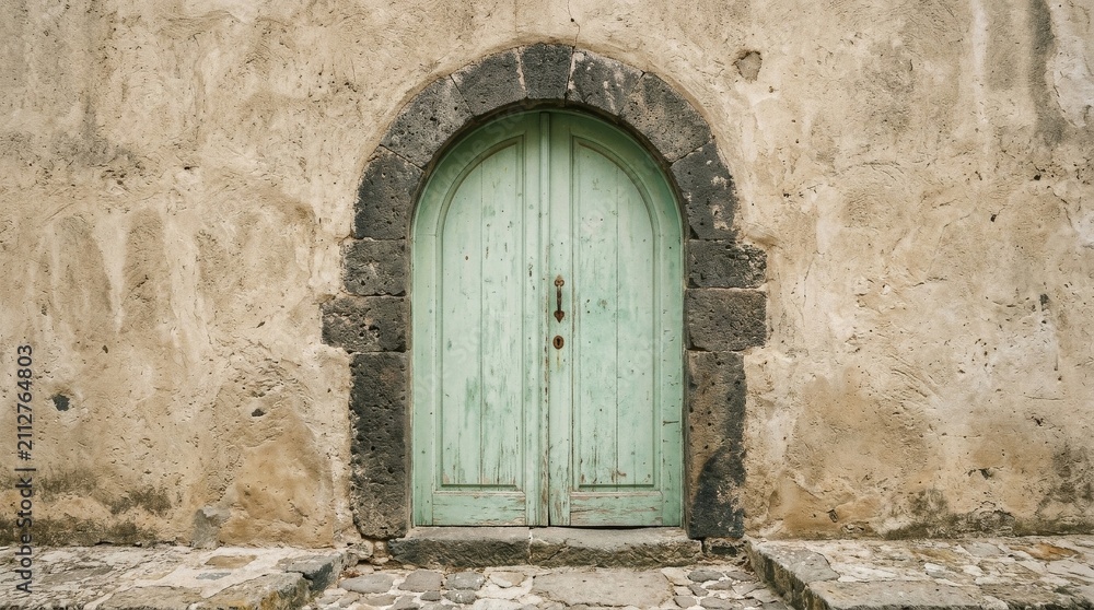 Fototapeta premium Vintage Green Door Set Against Light Stucco Wall in Pastoral Scene
