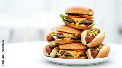 Stack of cheeseburgers and hot dogs. Delicious fast food meal on a white plate.