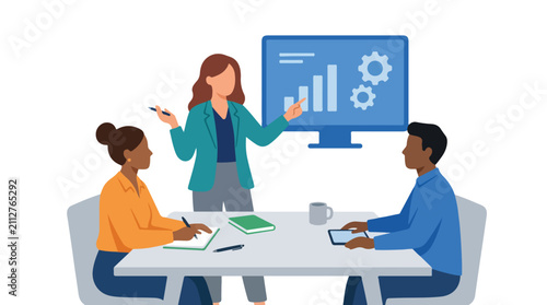 A female professional presents data on a screen to two colleagues sitting at a table during a business meeting in a modern office.