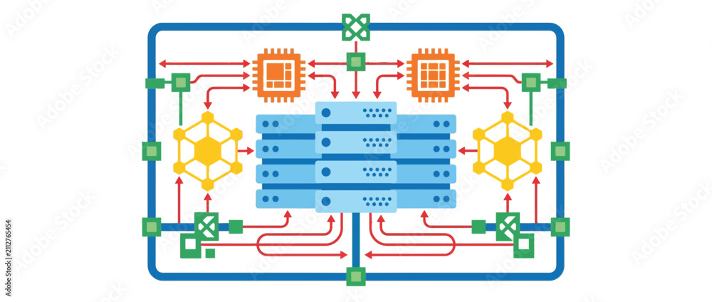 Naklejka premium Abstract Digital Network Infrastructure and Server Cluster Diagram