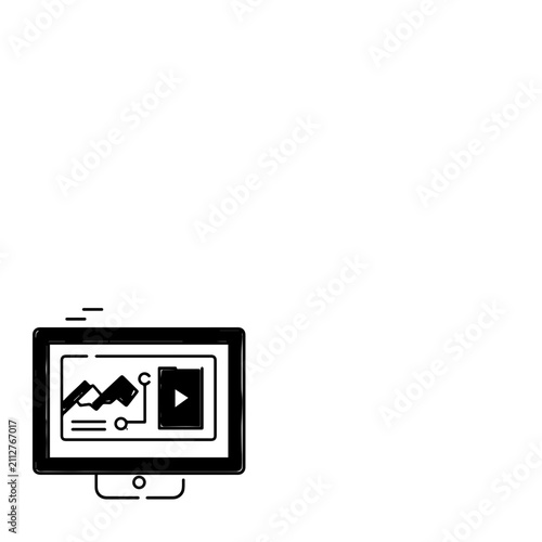 Computer Monitor Icon Displaying a Multimedia Case Study with Line Graphs and Video Play Button