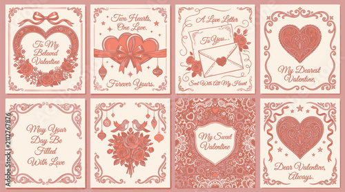 Cuadro en lienzo A collection of eight vintage-style Valentine's Day cards featuring romantic illustrations and heartfelt messages in a soft, rosy hue