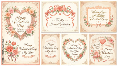 Foto Collection of seven vintage Valentine's Day greeting cards featuring floral designs and romantic messages