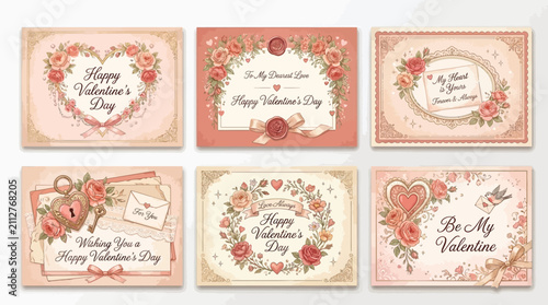 Quadro su tela A collection of six vintage Valentine's Day greeting cards featuring floral designs and romantic messages