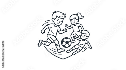 Corporate of Diverse Children Playing Soccer with a Soccer Ball in Monochrome Style with high quality professional line art symbols for modern creative design and digital branding projects