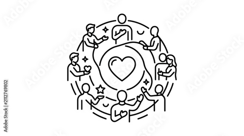 Creative Black and White Line Art of Diverse People Forming a Circle Around a Heart Shape with Stars