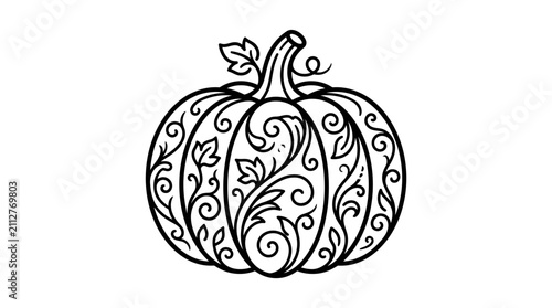Elegant Black and White Ornamental Pumpkin with Intricate Swirl Designs and Vine Patterns with high quality professional line art symbols for modern creative design and digital branding projects