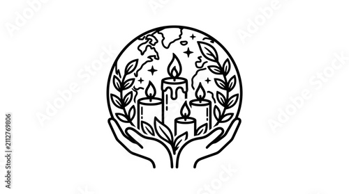 Clean Black and White of Hands Holding Lit Candles Surrounded by Leaves and Stars Inside a Globe