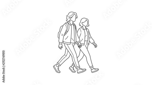 Modern Line Drawing of Two People Walking Hand in Hand with Backpacks and Casual Shoes with high quality professional line art symbols for modern creative design and digital branding projects