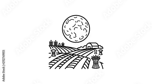 Industrial Black and White Line Drawing of Agricultural Field Under Moonlight with Farmhouse and Bundles of Wheat
