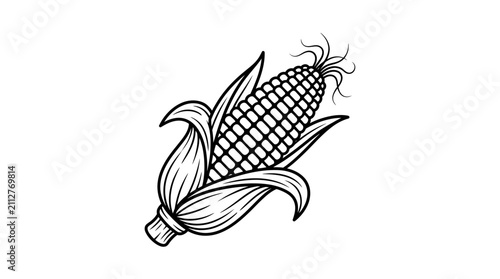 Minimalist Black and White of a Corn Cob with Banana Leaves Design Artwork with high quality professional line art symbols for modern creative design and digital branding projects