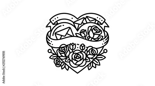 Professional Black and White Line Art of Hearts with Roses and Love Symbols Minimalist Design with high quality professional line art symbols for modern creative design and digital branding projects