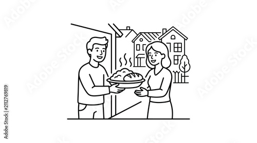 Modern Black and White Line Drawing of Couple Sharing Freshly Baked Bread Outside a Suburban Home