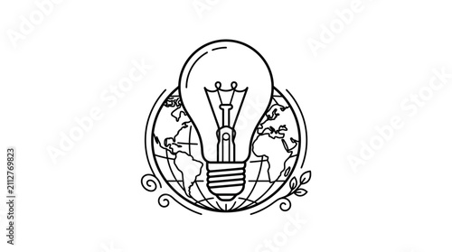 Minimalist Black and White Line Drawing of a Lightbulb Inside a Globe with Swirling Decorative Elements