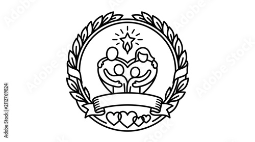 Elegant Black and White Family Unity Emblem with Laurel Wreath and Starburst Design for Corporate or Social Use