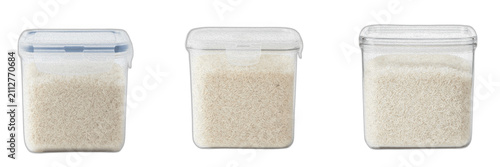 Foto Clear plastic food storage containers filled with rice set isolated on white bac