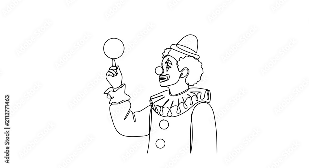 Fototapeta premium One line drawing of a clown holding a ball on a stick, celebrating