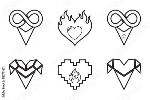 Six unique heart icons displaying complex line art, pixel style, infinity symbols, and fire motifs. Perfect for artistic branding, tattoo designs, or creative digital projects.