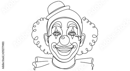 Bild auf Leinwand Minimalist continuous line drawing of a happy clown face with curly hair and hat