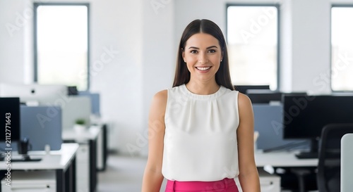 Happy Confident Young Professional Businesswoman Smiling in Modern Bright Office Workplace