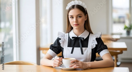 Elegant Young Waitress in Maid Uniform Holding Coffee at Bright Cafe