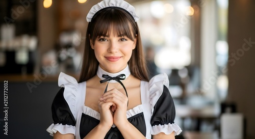 Young Woman in French Maid Costume Smiling, Service Role, Cleanliness Professional