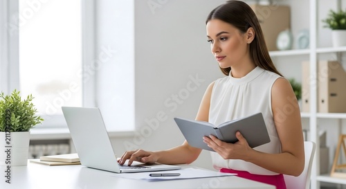 Young woman focused on work, typing on laptop and reading book at desk