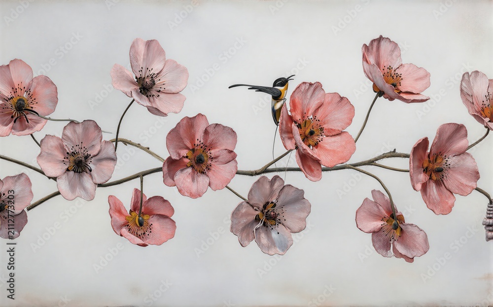Fototapeta premium Pink blossoms branch with a small bird perched gracefully among them.