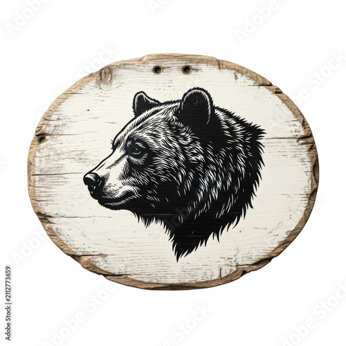 A detailed black bear portrait engraved on a rustic oval wooden sign with a vintage monochrome style and natural wood texture.