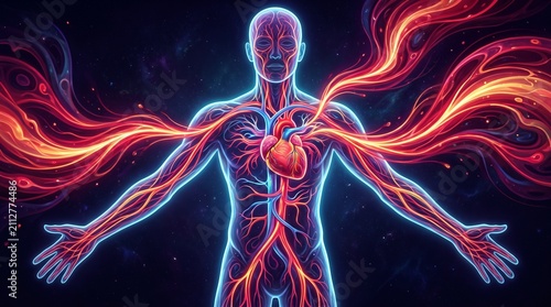 Human Circulatory System with Energy Flow: An artistic depiction of the human circulatory system, highlighting the heart and blood vessels.