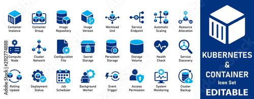 Modern Kubernetes and Container Icon Set. Cloud Computing, Docker DevOps, Microservices, Network Architecture & Server Management