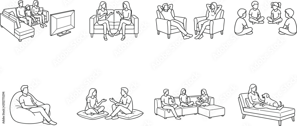 Fototapeta premium People Relaxing and Sitting on Furniture Line Art Vector Set Featuring Living Room Activities and Family Time