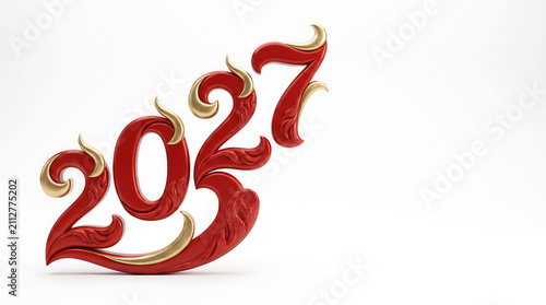 Ornate 2027 numbers arranged in a flowing upward spiral for the Chinese New Year of the Goat,  rendered decorative red and gold elements, isolated on a bright white background.