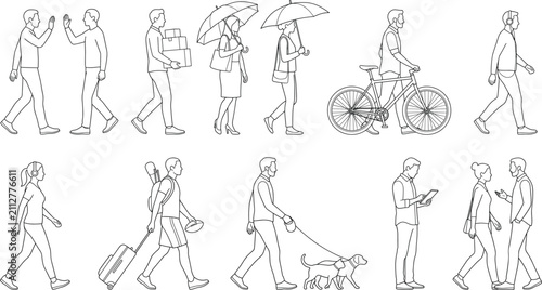People Daily Activities Line Art Vector Set Featuring Walking Commuting Lifestyle and Everyday Human Action Illustrations