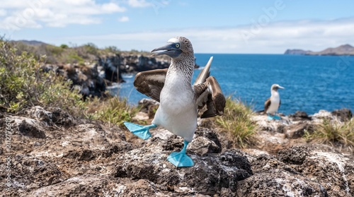 Blue-footed booby performs a courtship dance on the rocky shoreline.