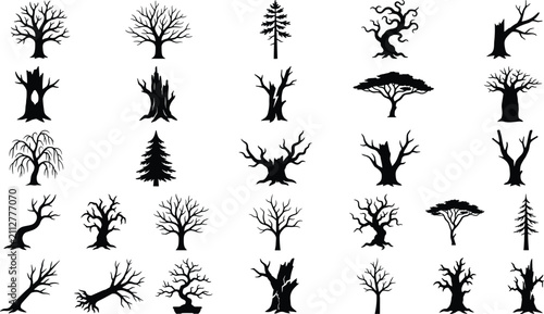 Konstfotografi Black silhouette collection of dead and leafless trees isolated on white backgro