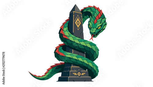 Foto Green Snake Coiled Around Black Pedestal.