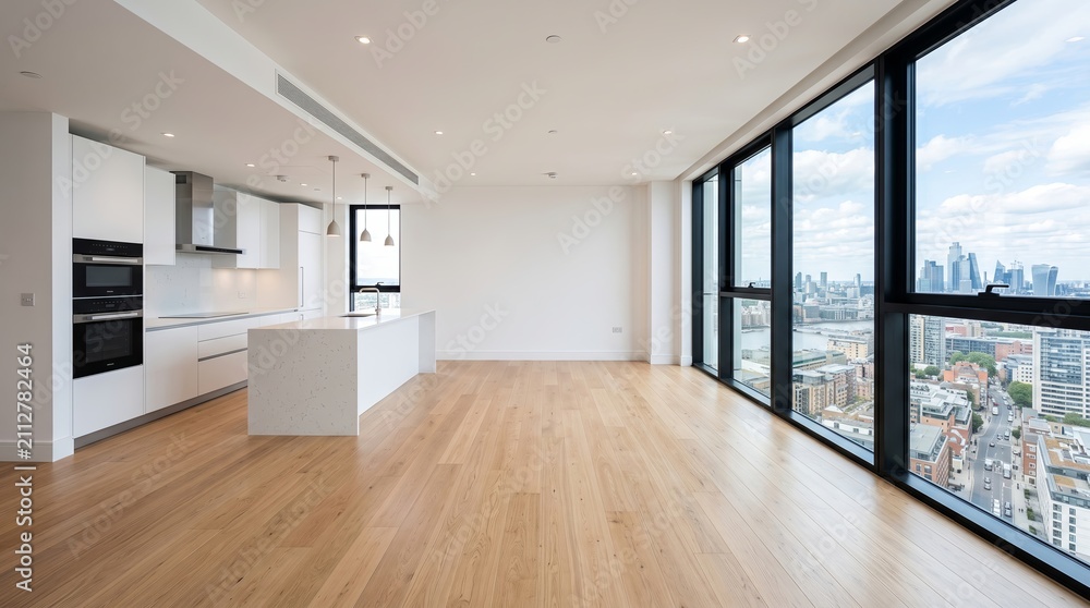 Fototapeta premium Elegant Empty Open Plan Apartment with Modern Kitchen and City View