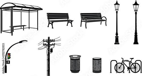 Urban street furniture and public utility black silhouette icons set featuring bus stop, park benches, and streetlights vector